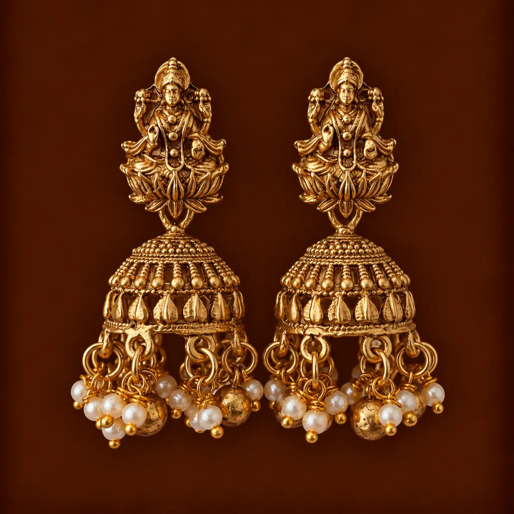 Ornate Gold Jhumka Earrings on Brown.webp